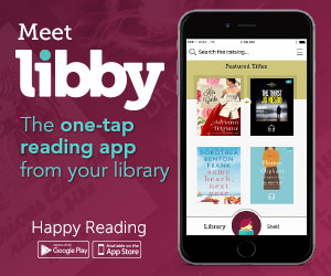 Mobile phone showing digital library ebooks on the Overdrive interface. Caption is "Meet Libby"