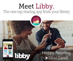 Libby app logo. Two people using the Libby app on their phone.