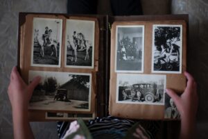 A photobook page with black and white photos