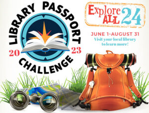 Bridges Library System Library Passport Challenge graphic next to binoculars and an orange backpack sitting in the grass. Reads Explore All 24.