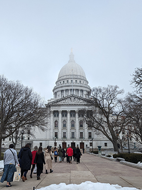 Photo of a group of people walking into the Capitol building in Madison, Wisconsin on Library Legislative Day.
