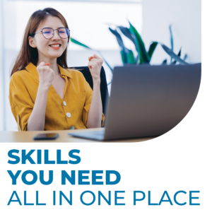 Graphic for Udemy with a photo with a smiling woman celebrating in front of her laptop. It reads "skills you need all in one place."