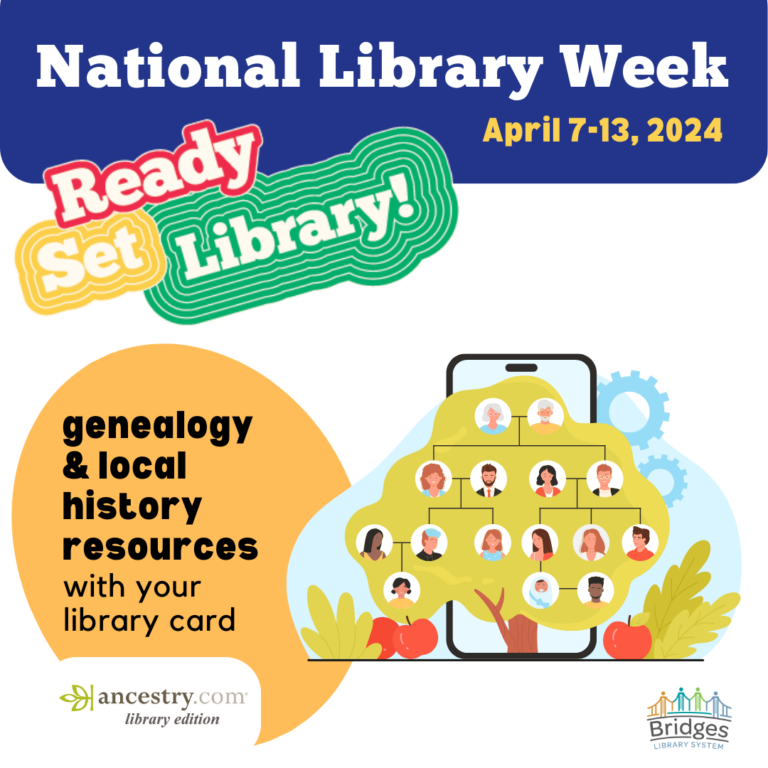 National Library Week promotional graphic about genealogy and local history resources and the library.