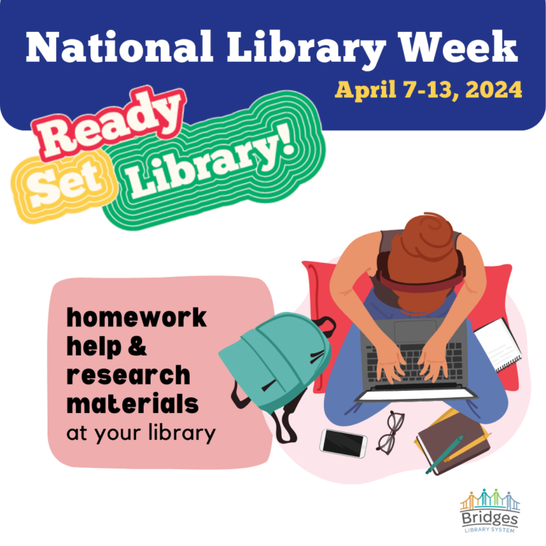 National Library Week promotional graphic about homework help and research materials at the library.
