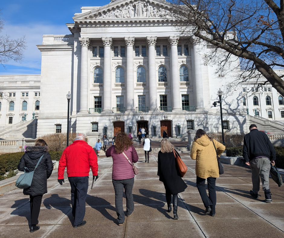 Photo of a group of people walking into the Capitol building in Madison, Wisconsin on Library Legislative Day.