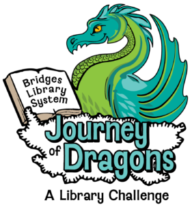 Bridges Library System Journey of Dragons: A Library Challenge logo with an open book and dragon head and wing next to each other.