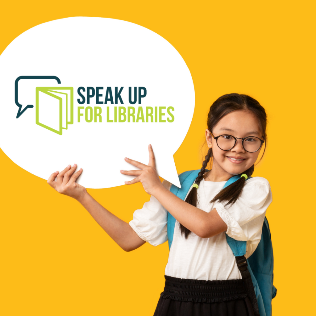 Child holding a sign in the shape of a speech bubble with the Speak Up For Libraries logo on it with a book icon overlapping a speech bubble icon.