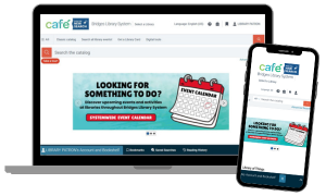 Laptop computer and a smartphone with the library catalog on the screens.