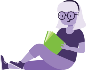 Illustration of a girl with glasses reading a book