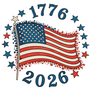 American flag illustration with 1776 to 2026 and stars circling it.