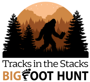 Tracks in the Stacks Bigfoot Hunt event logo with a bigfoot holding a book walking in the woods.