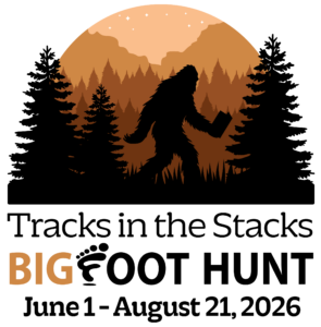 Tracks in the Stacks: A Bigfoot Hunt logo with a Bigfoot holding a book in between trees. June 1 - August 21, 2026.
